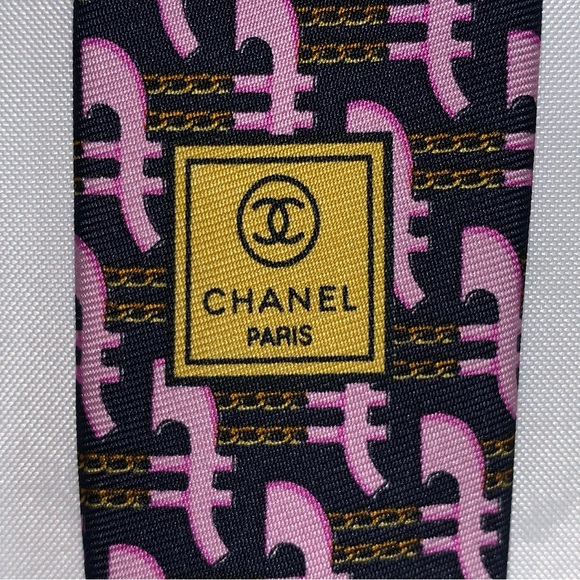 CHANEL navy SILK necktie CRAVAT tie orchid pink abstract pattern w/chainlink - Picture 5 of 8
